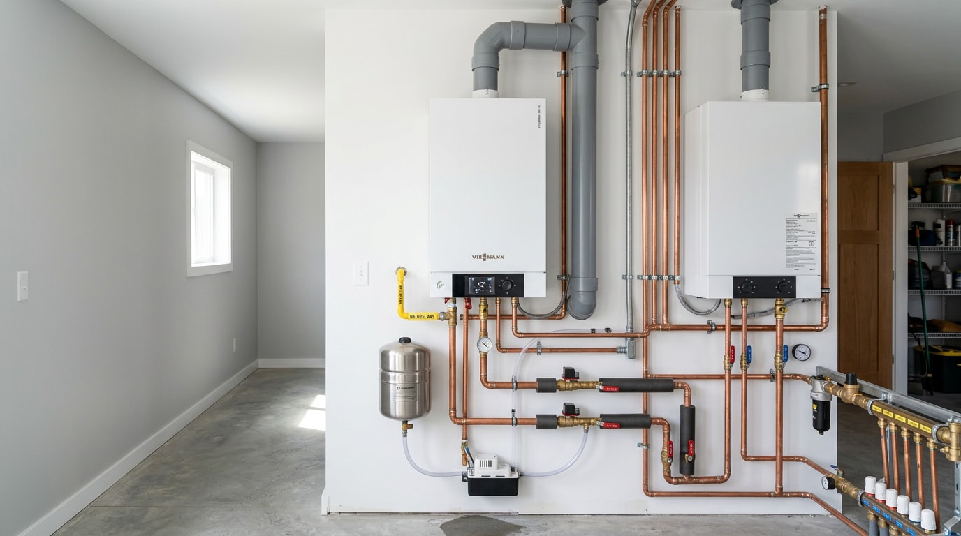 Modern residential boiler installation in a mechanical room Modern residential boiler installation in a mechanical room