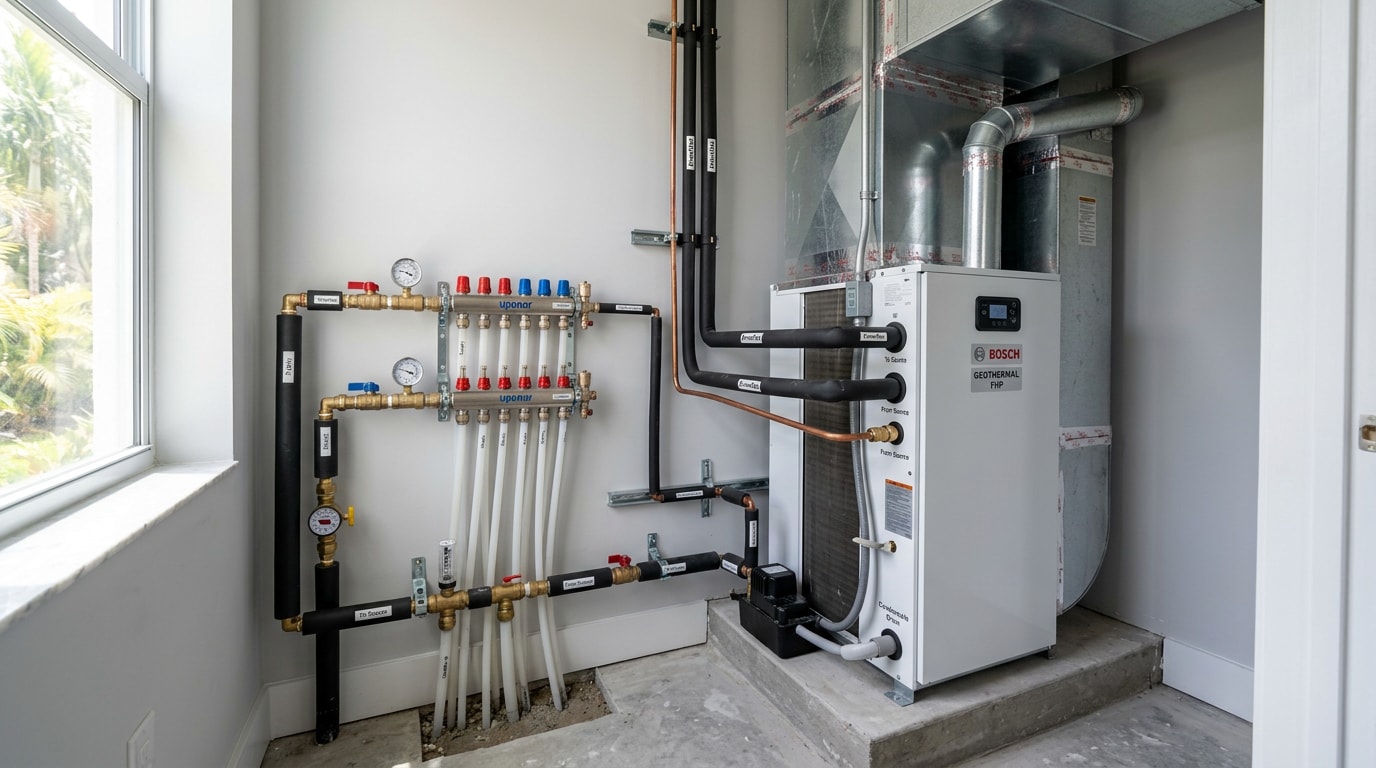 Indoor geothermal heat pump unit installed in a South Florida home mechanical room Indoor geothermal heat pump unit installed in a South Florida home mechanical room