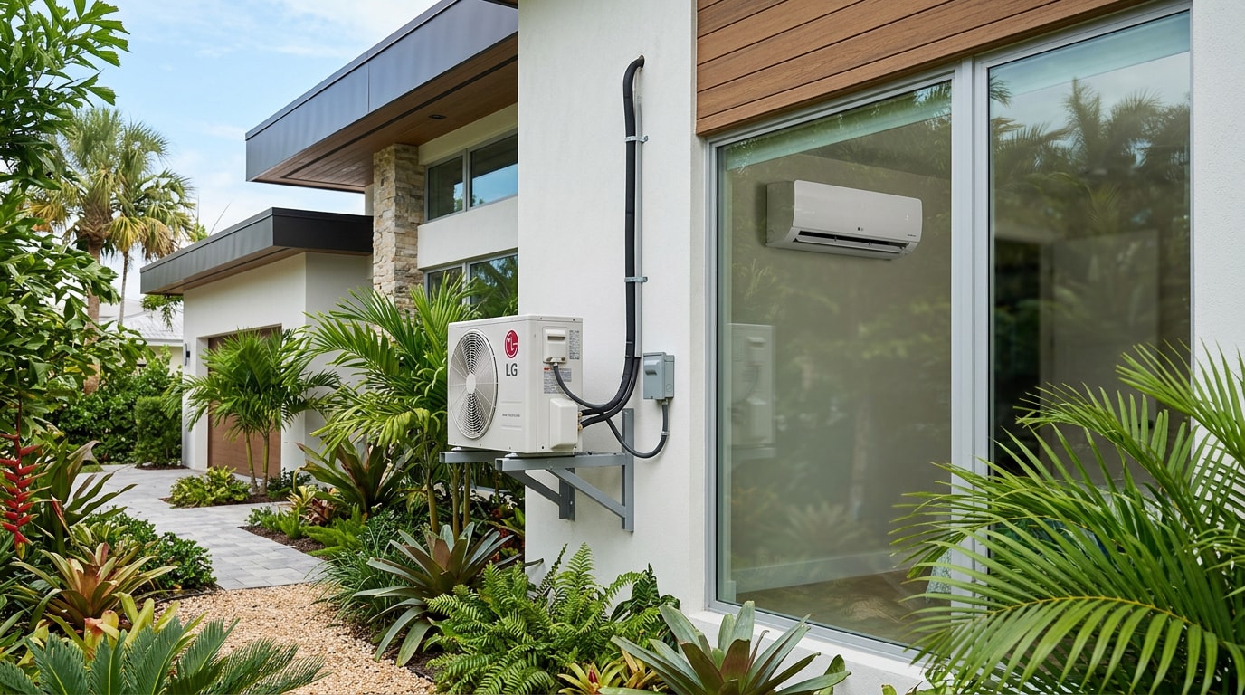 Wall-mounted ductless mini split indoor and outdoor units installed on a Hollywood, FL home Wall-mounted ductless mini split indoor and outdoor units installed on a Hollywood, FL home